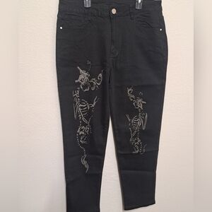 ROMWE Black Skeleton Graphic Jeans Mens 34 Slim Goth Streetwear Pants